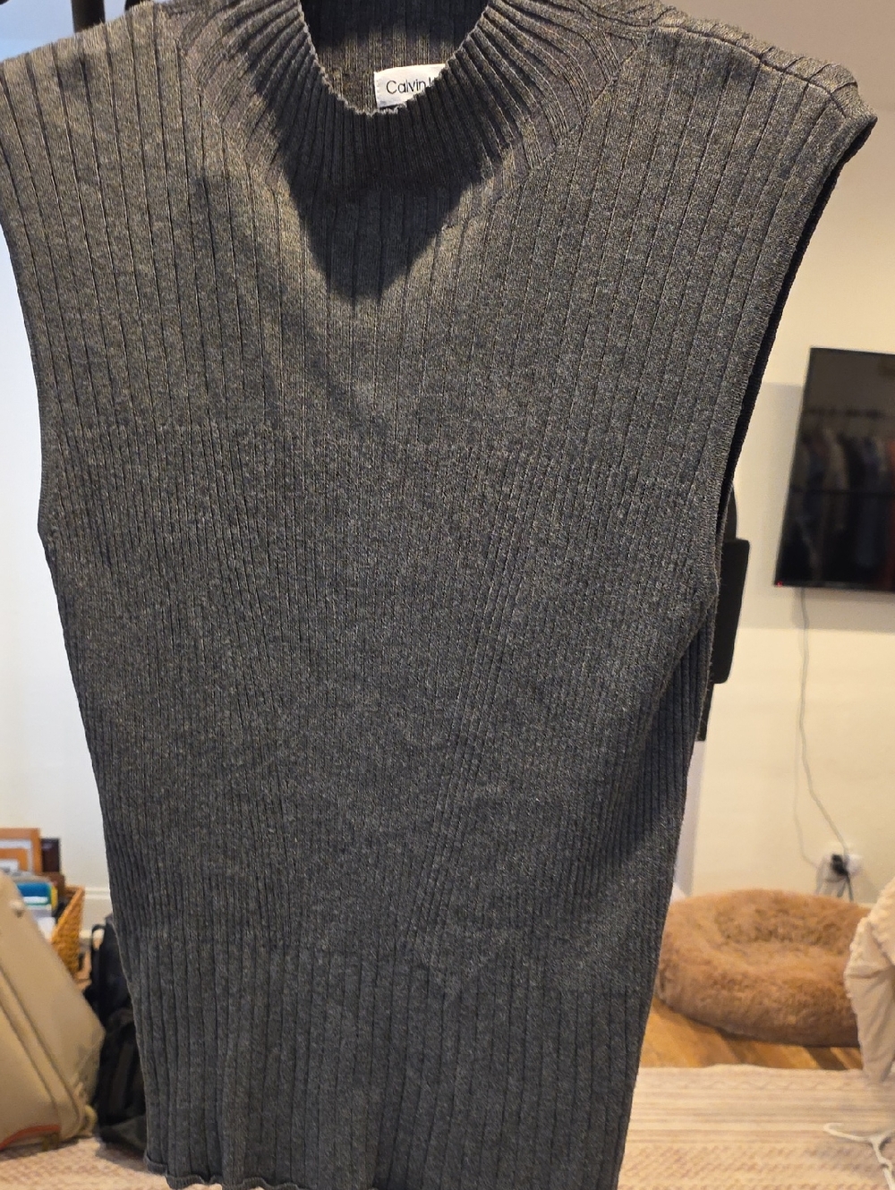 Calvin Klein Womens Gray Ribbed Crewneck Sleeveless Sweater Vest